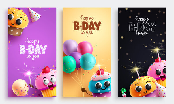 Happy birthday vector poster set design. Birthday greeting text with colorful cup cake characters party event elements. Vector illustration invitation card lay out collection.