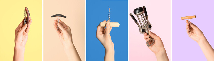 Collage of female hands holding corkscrews on color background