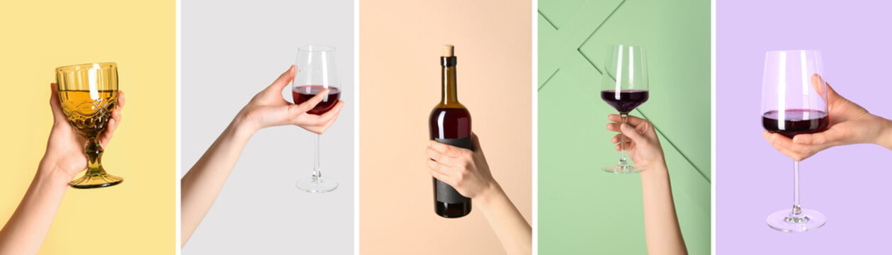 Collage of female hands holding bottle and glasses of wine on color background