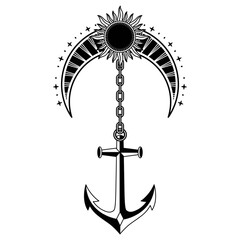 monochrome celestial moon and sun with anchor illustration © OreNyee