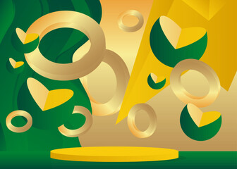 Green, Yellow and gold abstract mockup product display. Stage showcase, cylinder pedestal podium for presentation. 3D minimal geometric forms.