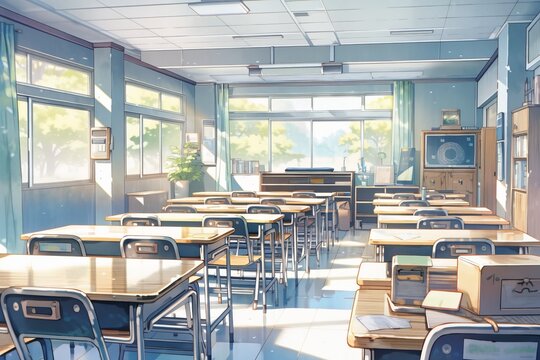 High school classroom in the Evening time, Anime background, 2D  illustration. Stock Illustration