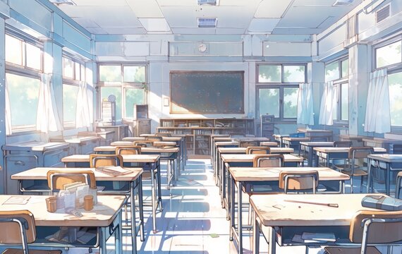 High school classroom in the daytime, Anime background, 2D illustration.  Stock Illustration