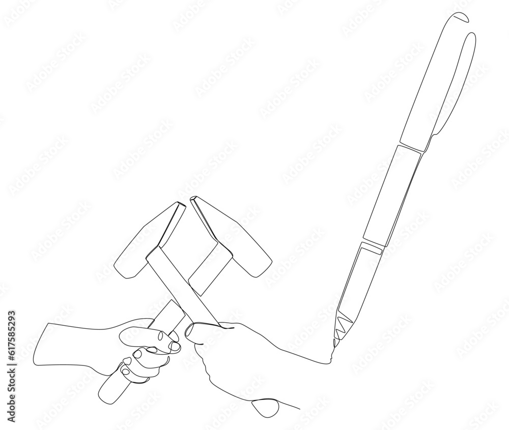 Poster one continuous line of hammer drawn by with felt tip pen. thin line illustration vector construction