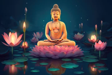 Foto op Plexiglas  buddha and lotus flower illustration in hindi, generative AI © Kien