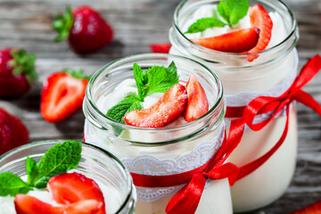 yogurt, strawberries, mint, selective focus