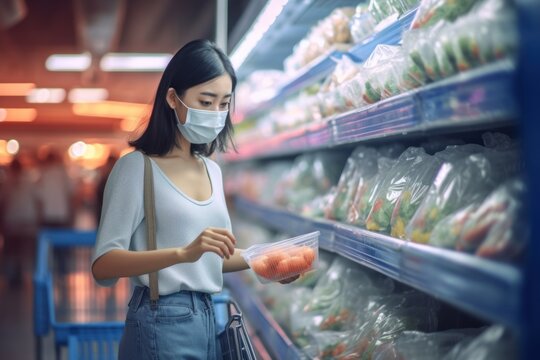 Asian woman in mask and latex gloves pushing a shopping cart in a supermarket shopping mall Young woman picking up groceries to buy at shelf during covid 19 pandemic
