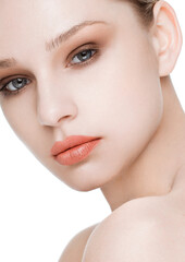 Fototapeta premium Beauty fashion model with natural makeup skin care and spa treatment with red lips closeup