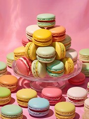 Fototapeta na wymiar A tantalizing pattern array of vibrant macaroons sits atop a delicate glass dish, inviting one to indulge in the sweet bliss of an irresistible dessert