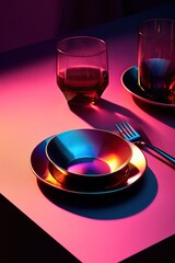 Neon futuristic fluorescent party table, adorned with a plate of food and a gleaming fork, evokes a warm atmosphere of culinary delight and comfort