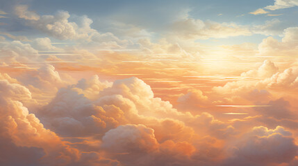 A panoramic view of the sky during golden hour with a warm soft glow casting a magical ambiance over the cloudscape