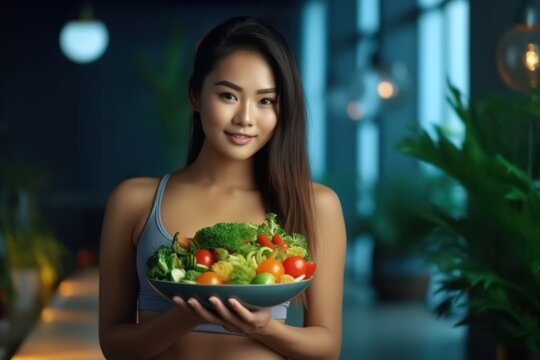 Beautiful Asian woman holding salad bowl and looking at camera Beautiful sporty girl in sportswear enjoying eating clean vegetables after exercise for home health. Diet and healthy food concept
