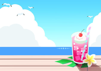 夏　海　青空　トロピカルドリンクの風景イラスト　2