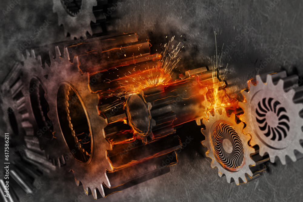 Aufkleber system of a mechanism gear move together with sparks of fire. 3d rendering