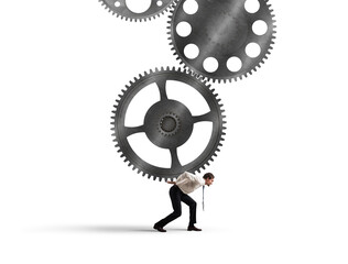 Businessman holding with fatigue a gears system mechanism