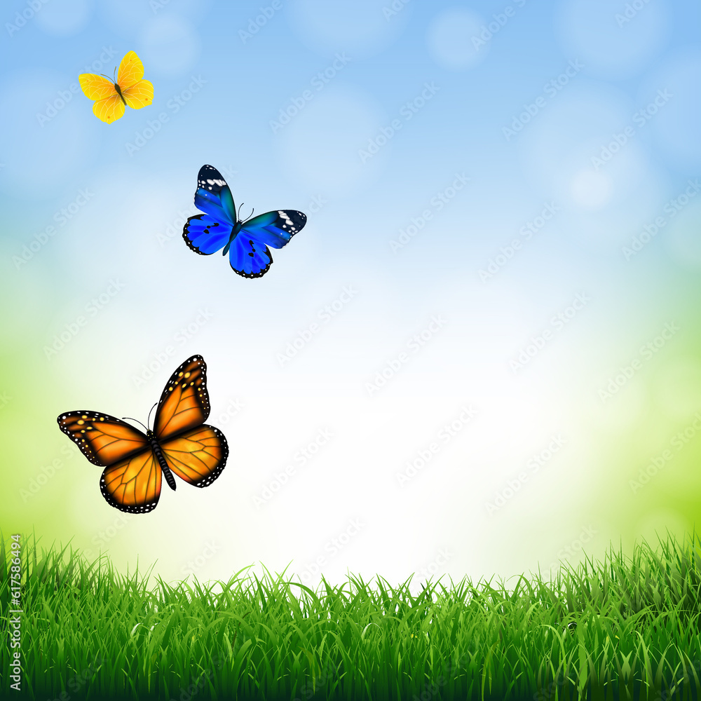 Poster spring landscape with butterfly with gradient mesh, vector illustration