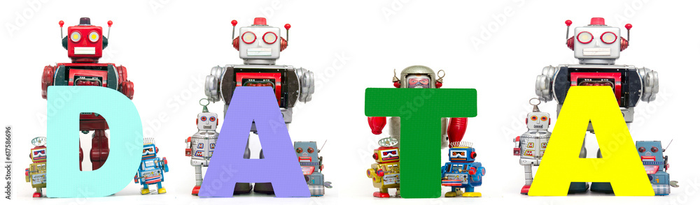 Poster the word data held by retro robots isolated on white