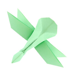 Green dragonfly of origami, isolated white background.