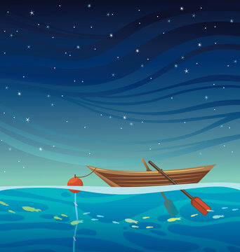 Cartoon wooden boat with bouy and rope at the blue sea on a night starry sky. Seascape vector illustration.
