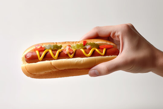 Hand Holding Tasty Hot Dog On A White Background