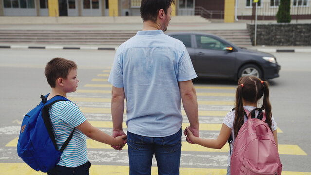 Asphalt Zebra Crossing, School Road, Student Happy Family Road, Green Light, Father Hand Girl Boy, Child With School Backpack, Child Pupils Cross Road Zebra, Boy, Friends Classmates Pass Car