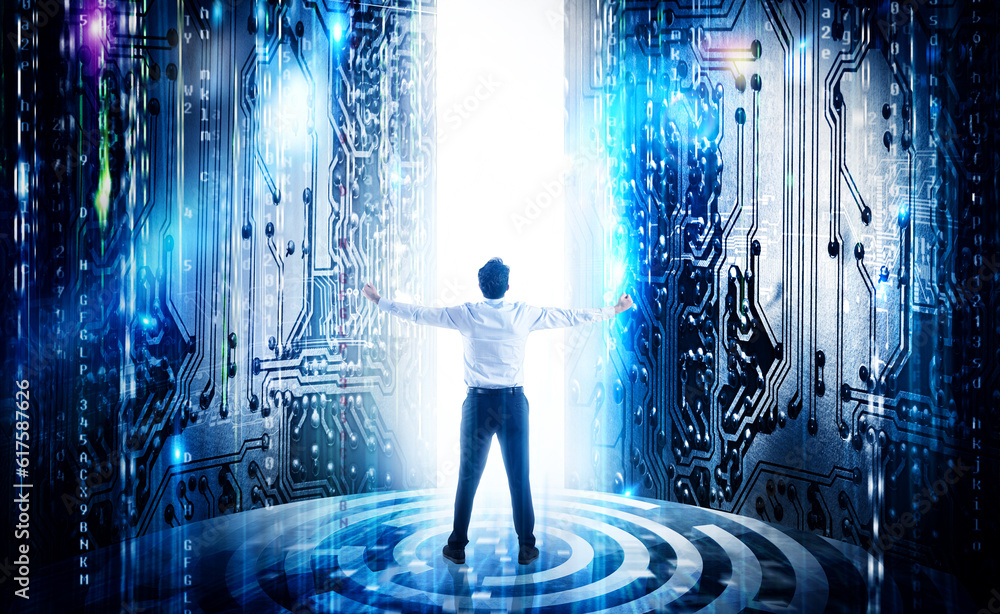 Poster businessman rejoices with futuristic background of microchip and internet wiring