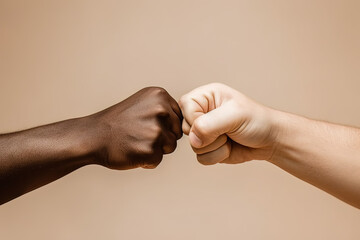close up of a fist bump isolated on beige background, hands and teamwork, support or collaboration for team building, solidarity or unity, hand connection, partnership or greeting - obrazy, fototapety, plakaty