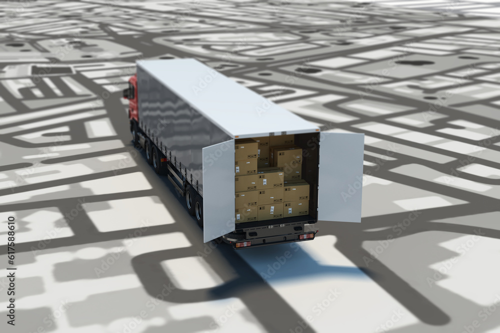 Poster image of map of streets with truck loaded stack of packed boxes. 3d rendering