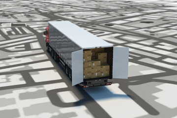 Image of map of streets with truck loaded stack of packed boxes. 3D Rendering