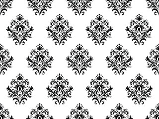 Damask digital paper seamless floral pattern. Black Flowers on a white background. Luxury Royal Wallpaper.
