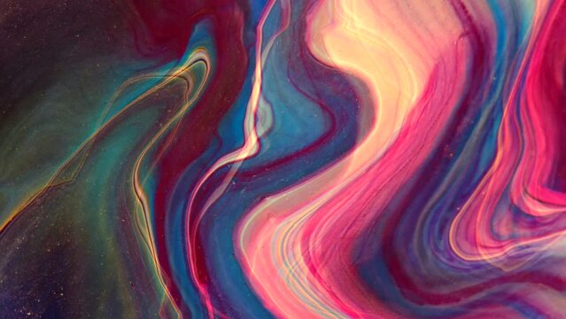 Animation of colorful liquid moving over and over on abstract background. seamless circles of abstract paint fluid in blue, red and orange colors