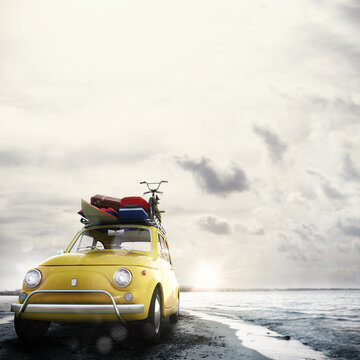 3D rendering of holiday on the road with an old car with luggage on the beach