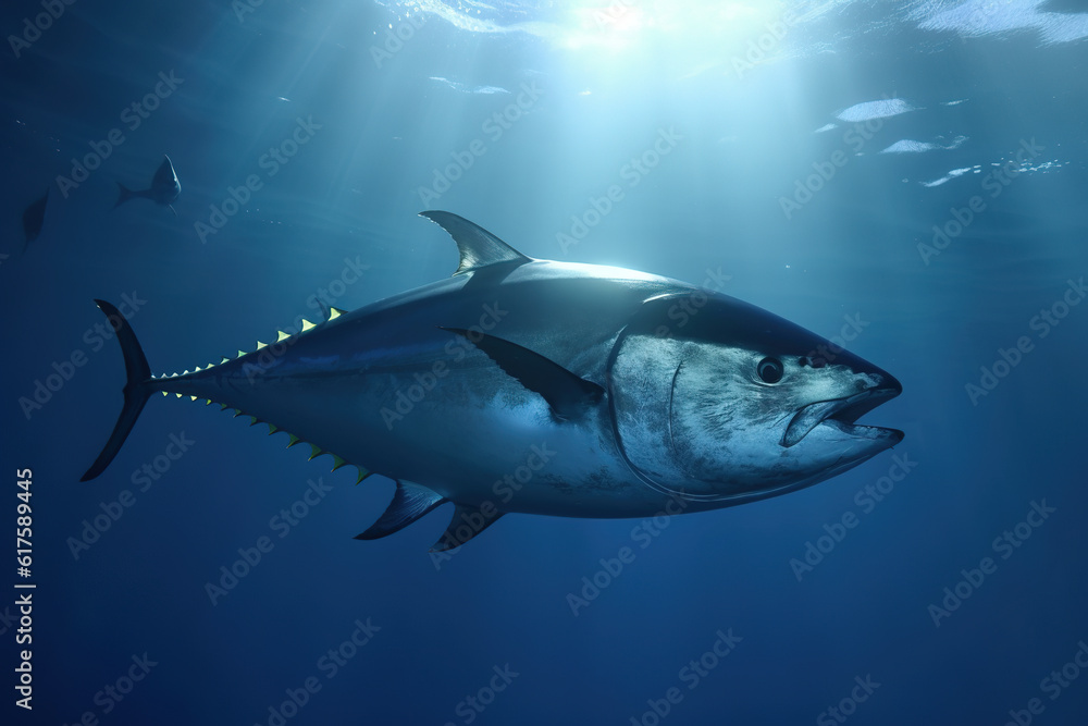 Poster image of a giant bluefin tuna fish swimming in clear ocean water. undersea animals. illustration. ge