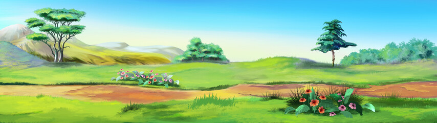 Rural Landscape with a Path against the Blue Sky in a Summertime. Digital Painting Background, Illustration in cartoon style character.