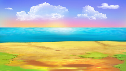 Shore of the Ocean, coast of tropical island. Digital Painting Background, Illustration in cartoon style character. © Designpics