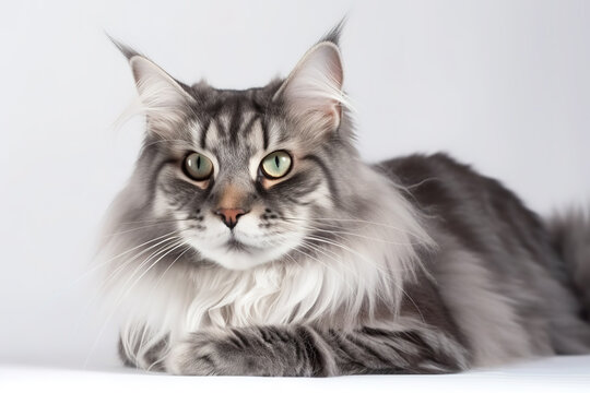 Image of main coon cat on white background. Pet. Animals. Illustration. Generative AI.
