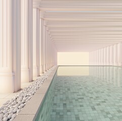 Fototapeta premium The side corner of the classic swimming pool facade Looked through to find a hole in the bright sunlight. with Roman columns left and right The edge of the pool has white stones sprinkled.3d rendering