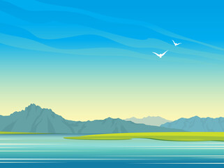 Natural landscape with calm lake, mountains and birds on a blue sky. Vector summer illustration. Wild nature.