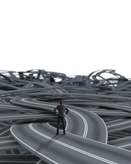 Confused businessman on a tangle of winding roads