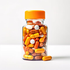Bottle and scattered capsule pills or prescription drugs. created with generative AI technology.