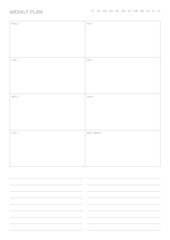 A weekly plan design template in a modern, simple, and minimalist style. Note, scheduler, diary, calendar, planner document template illustration.