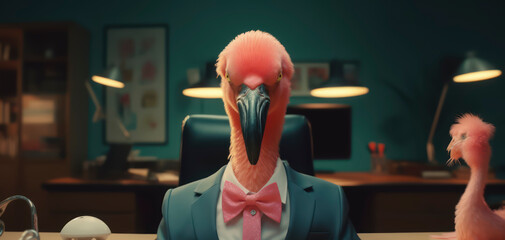 A portrait of a Flamingo wearing a business suit. AI Generated