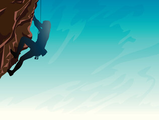Silhouette of man climbing on a stone wall on the blue sky background. Vector illustration of sport.
