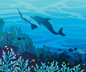 Blue coral reef with fishes and silhouette of freediver in monofin and dolphin on a sea background. Underwater vector illustration. Funny freediving.