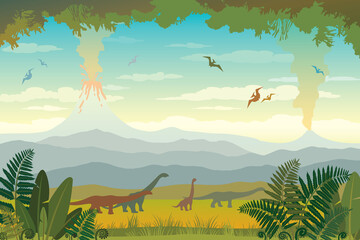 Nature landscape with silhouette of dinos (diplodocus and pterodactyl), volcanos with lava, blue mountains and green grass with fern. Vector illustration with prehistoric wildlife. Image with extinct  © Designpics