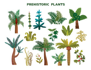 Set with prehistoric plants on a white background. Vector illustration. Collection of extinct...