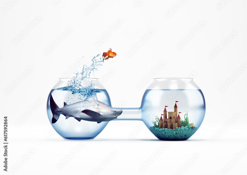 Poster goldfish leaping in an aquarium with a castle. improvement and progress concept. 3d rendering