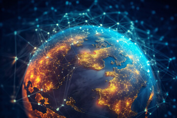 Communication technology with global internet network connected in Europe. Telecommunication and data transfer european connection links. IoT, finance, business, blockchain, security. generative AI