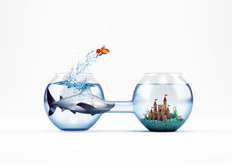 Goldfish leaping in an aquarium with a castle. Improvement and progress concept. 3D Rendering