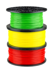 Three ABS or PLA filament coils for 3d print isolated on white background